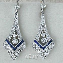 1.30 Ct Diamond Sapphire 14K White Gold Over Vintage Art Deco Leverback Earrings