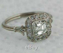 1.4 Ct Asscher Diamond 14K White Gold Over Halo Vintage Art Deco Engagement Ring