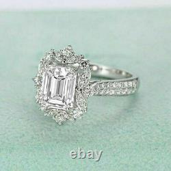 1.50 Ct Emerald Cut Diamond Halo Vintage Engagement Ring 14k White Gold Finish