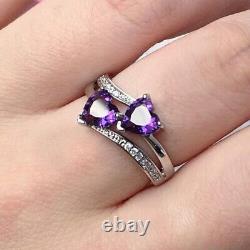 1 Ct Double Heart Lab-Created Amethyst Wedding Ring 14k White Gold Silver Plated