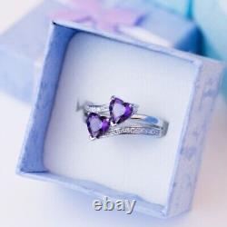 1 Ct Double Heart Lab-Created Amethyst Wedding Ring 14k White Gold Silver Plated