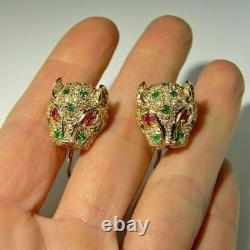 1 Ct Round Cut Emerald & Ruby Diamond Panther Stud Earrings 14K Yellow Gold Over