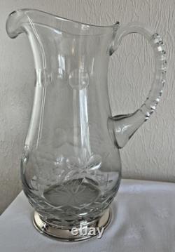 10 Vintage Sterling Silver Mounted Cut Glass Jug Grape Etched 925 Mark