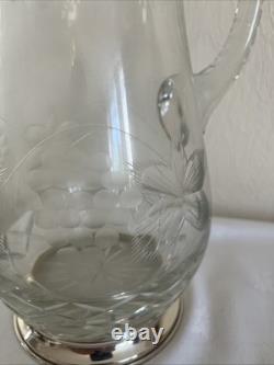 10 Vintage Sterling Silver Mounted Cut Glass Jug Grape Etched 925 Mark