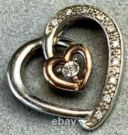 10K Rose Gold Sterling Silver Diamond Open Heart Scroll Vintage Love Pendant