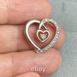 10K Rose Gold Sterling Silver Diamond Open Heart Scroll Vintage Love Pendant