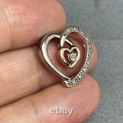 10K Rose Gold Sterling Silver Diamond Open Heart Scroll Vintage Love Pendant