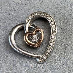 10K Rose Gold Sterling Silver Diamond Open Heart Scroll Vintage Love Pendant