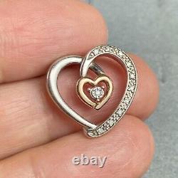 10K Rose Gold Sterling Silver Diamond Open Heart Scroll Vintage Love Pendant