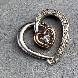 10K Rose Gold Sterling Silver Diamond Open Heart Scroll Vintage Love Pendant