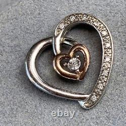 10K Rose Gold Sterling Silver Diamond Open Heart Scroll Vintage Love Pendant