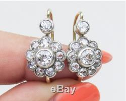 14K Gold Over Vintage Victorian Art Deco Floral 3.21Ctw Diamond Halo Earrings
