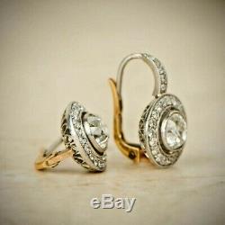 14K White Gold Over Antique Vintage Art Deco 4.0Ctw Diamond Halo Earrings 1920's