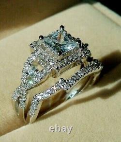 14K White Gold Plated Princess 4 Ct Lab-Created Diamond Wedding Bridal Ring Set