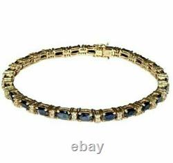 14K Yellow Gold Over Diamond Oval Blue Sapphire Vintage 6.75. Tennis Bracelet