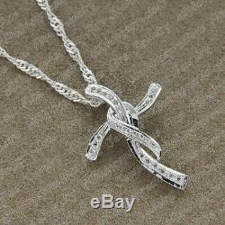 14k White Gold Finish 0.15Ct Round Cut Diamond Cross Pendant Necklace Free Chain