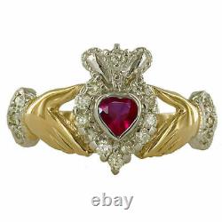 14k Yellow Gold Finish 1 Ct Heart Cut Ruby & Diamond Claddagh Engagement Ring