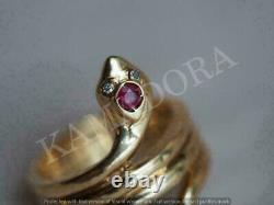 14k Yellow Gold Finish Red Ruby Cut Diamond Women's Cocktail Vintage Snake Ring