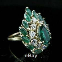 14k Yellow Gold Over 4.00 Ct Emerald & Diamond Vintage Cocktail Ring