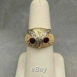 14k Yellow Gold Over Vintage Estate Owl Head Ruby Diamond Mens Pinky Ring