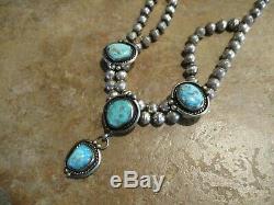 16 1/2 FINE Vintage Navajo Sterling Silver Turquoise HAND MADE Bead Necklace