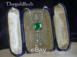 18k White Gold Over Emerald Diamond Necklace Pendant Vintage Box Huge 13.61 Cts