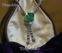 18k White Gold Over Emerald Diamond Necklace Pendant Vintage Box Huge 13.61 Cts