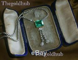 18k White Gold Over Emerald Diamond Necklace Pendant Vintage Box Huge 13.61 Cts