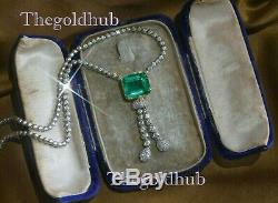 18k White Gold Over Emerald Diamond Necklace Pendant Vintage Box Huge 13.61 Cts