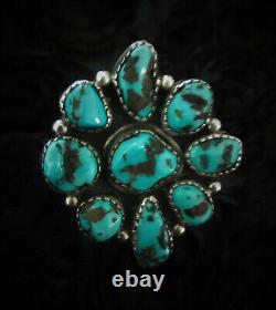 1950s Vintage Old Pawn NAVAJO 925 Sterling Silver BLUE TURQUOISE Flower RING 8