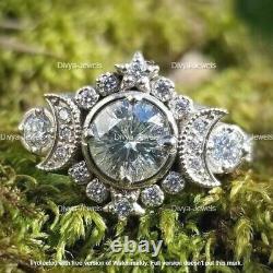 2.00 CT Round Cut Moissanite Moon & Star Vintage Ring Real 925 Sterling Silver