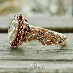 2.00 Ct Oval Cut Diamond & Red Ruby Engagement Vintage Ring 14K Rose Gold Over