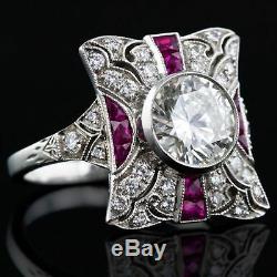 2.00 Ct Round Cut Diamond & Red Ruby Vintage Art Deco Engagement 925 Silver Ring