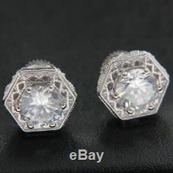 2.00 Ct Round Cut Diamond Vintage Milgrain Stud Earrings 14K White Gold Finish