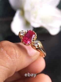 2.10CT Oval Cut CZ Ruby Three Stone Estate Victorian Engagement Ring For Women