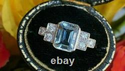 2.10CT Vintage Style Art Deco Aquamarine & Diamond Ring 14K White Gold Finish