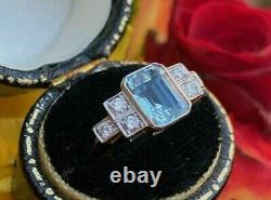 2.10CT Vintage Style Art Deco Aquamarine & Diamond Ring 14K White Gold Finish