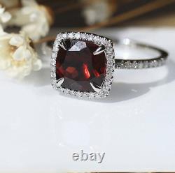 2.20Ct Cushion Cut Red Garnet Halo Engagement Ring In 14K White Gold Finish
