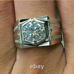 2.20Ct Round Cut Moissanite Men's Engagement Ring 14K White Gold Plated Silver