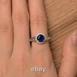 2.40Ct Round Cut Blue Sapphire Halo Engagement Ring In 14K White Gold Finish