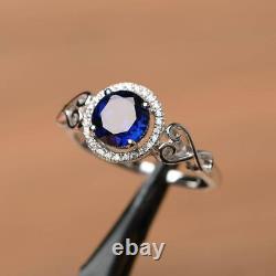 2.40Ct Round Cut Blue Sapphire Halo Engagement Ring In 14K White Gold Finish