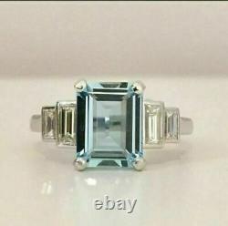 2.50Ct Emerald Cut Simulated Aquamarine Engagement Ring14K White Gold Plated