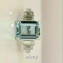 2.50Ct Emerald Cut Simulated Aquamarine Engagement Ring14K White Gold Plated