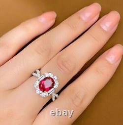 2.50Ct Oval Cut Lab Created Red Ruby Halo Women's Ring 14K White Gold Plated