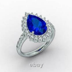 2.50Ct Pear Cut Blue Sapphire Diamond Halo Engagement Ring 14K White Gold Finish
