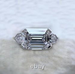 2.73 Ct East West Emerald Cut Moissanite Engagement Ring 925 Sterling Silver