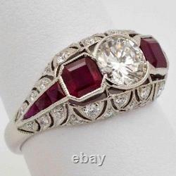 2.73Ct Art Deco Vintage Round Lab-Created Diamond & Ruby Antique Ring 925 Silver