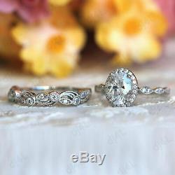 2 CT Diamond Halo Vintage Engagement Wedding Band Ring Set 14K White Gold