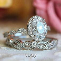 2 CT Diamond Halo Vintage Engagement Wedding Band Ring Set 14K White Gold Over