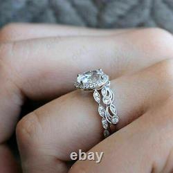 2 CT Diamond Halo Vintage Engagement Wedding Band Ring Set 14K White Gold Over